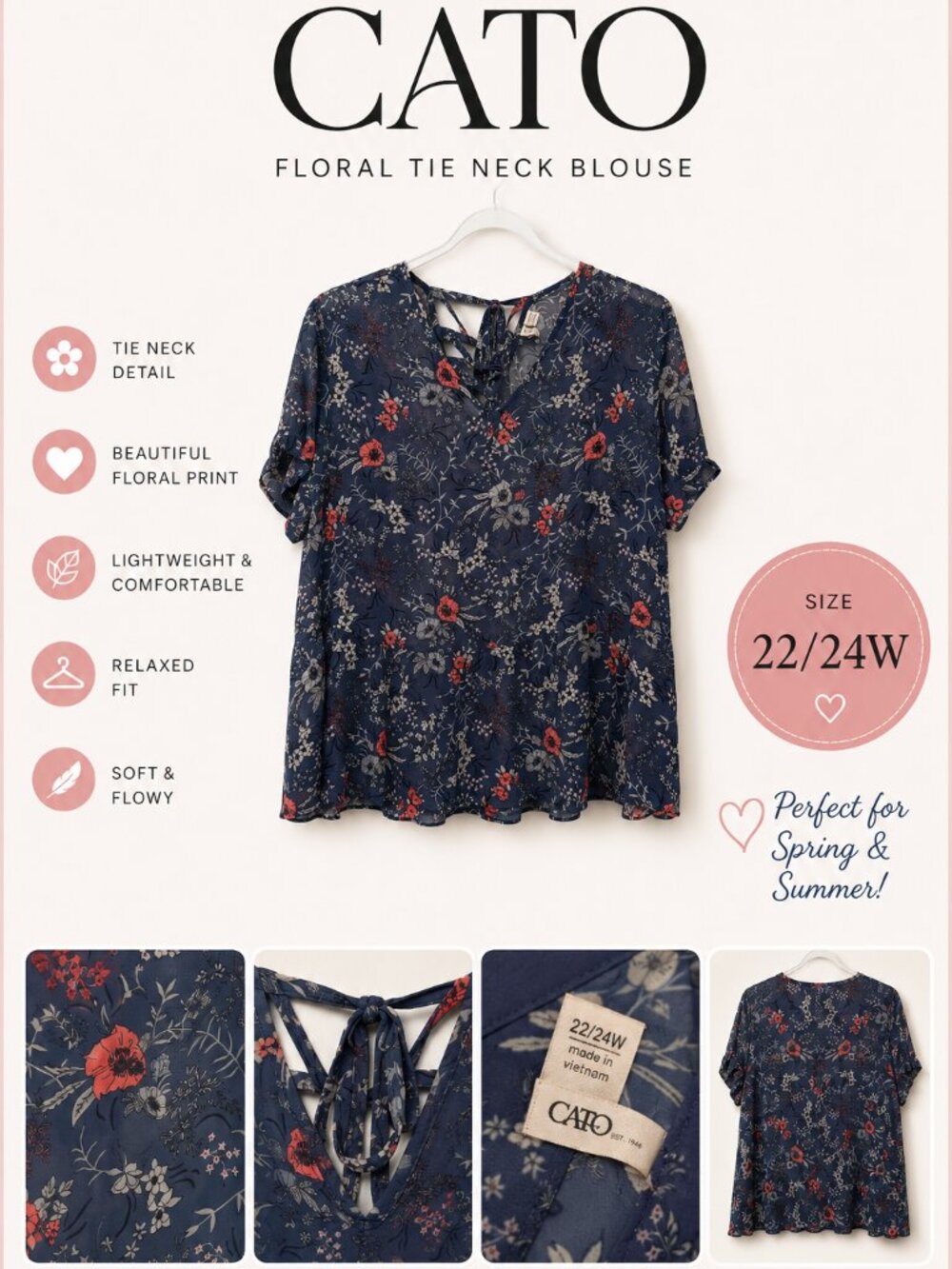 Cato Floral Tie Neck Blouse Plus Size 22/24W Blue Short Sleeve Top